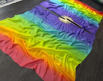Conjunto de abanicos de seda UV con vibrantes colores del arcoíris del orgullo ** con descuento - manchas de tinte ** - Varillas de 30 cm (12") - Velos de longitud media de 122 cm (48") - Seda extra ancha