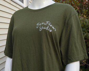 Olive Green Fae Flow tee - 100% soft cotton t-shirt - Fae Flow Studio merch - Logo by ArtFaerie - handmade in house - front and back designs