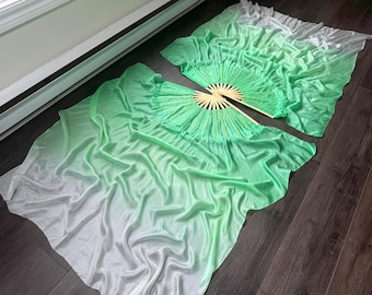 Juego de abanicos de seda únicos con un toque de menta - Varillas de tamaño pequeño de 31 cm - Velos de longitud media de 114 cm - Seda extra ancha