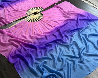 Conjunto de abanicos de seda UV Bi Pride - Varillas de tamaño etéreo de 38 cm - Velos semicortos de 114 cm - Seda extra ancha