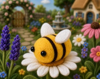 May include: A needle-felted yellow and black bumblebee with white wings and black bead eyes, resting on a white daisy flower. The bee features a rounded body with two distinct black stripes, positioned in a garden setting with various flowers.