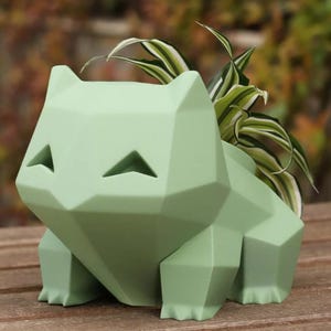May include: A pale green geometric planter in the shape of a cartoon character. The planter features triangular eye cutouts and contains a small plant with green and white striped leaves. The planter is on a wooden surface.