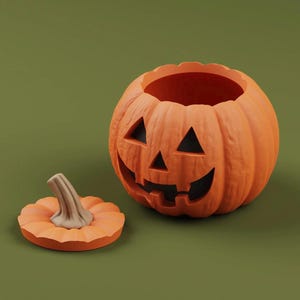 May include: A bright orange jack-o'-lantern container with a removable lid. The pumpkin-shaped vessel features carved triangular eyes, a triangular nose, and a jagged mouth. A separate circular lid with a light brown stem sits beside it.
