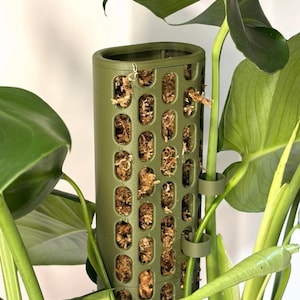 May include: A cylindrical olive green plant support pole featuring a vertical grid of oval cutouts filled with brown sphagnum moss. The structure is secured to a green leafy plant with matching olive green plastic clips attached to the stems.