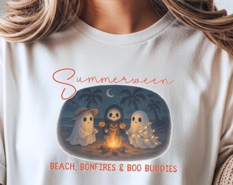 Koszulka z grafiką Summerween Ghost: Koszula z upiornym ogniskiem na plaży