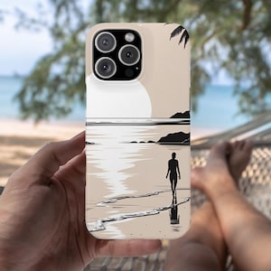Beach Sunset Phone Snap Case|For iPhone Samsung Galaxy Pixel|Woman Walking Silhouette, Coastal Nature Art, Durable, Wireless Charging Cover