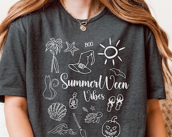 Summerween Tshirt Cute Halloween Graphic T-Shirt Spooky Season Shirt for Women Beach Style Top for Halloween Lover Trendy Tee