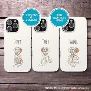 May include: Cream-colored phone cases with dog illustrations and names: Duke, Toby, and Sadie. Each case features a line drawing of a dog with brown ears and a collar. Text on the cases includes "3 Designs & 5 Colors" and "Add Your Pet's Name."