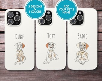 May include: Cream-colored phone cases with dog illustrations and names: Duke, Toby, and Sadie. Each case features a line drawing of a dog with brown ears and a collar. Text on the cases includes "3 Designs & 5 Colors" and "Add Your Pet's Name."