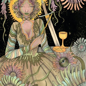 Le magicien, surréalisme pop, impression d’art fantastique, illustration de carte de tarot céleste et intuitive par Olivia Rose
