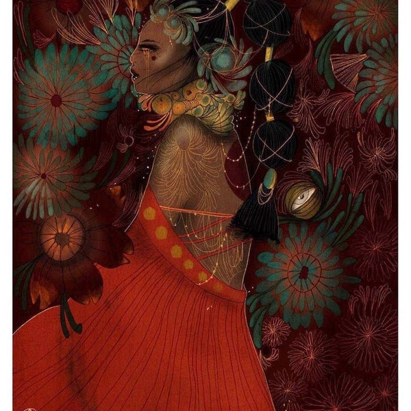 FANTASY POC portrait art, floral fantasy art, beautiful black princess  a4 print