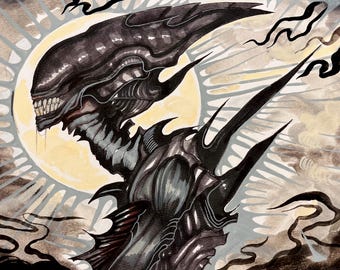 Original Xenomorph Illustration, Alien Romulus Inspired Art, Sci-Fi Alien Earth Drawing, Dark Creature Artwork, Handmade by Olivia Rose