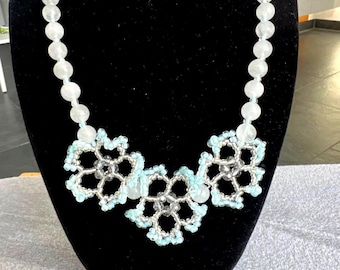 Rose Quartz and Beaded Necklace Handmade Czech Beads Floral Design 50 cm