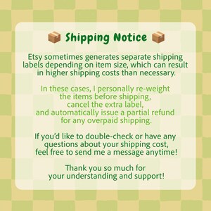 May include: A square informational graphic with a light green and yellow checkered background. The text reads: Shipping Notice. Etsy sometimes generates separate shipping labels depending on item size, which can result in higher shipping costs.