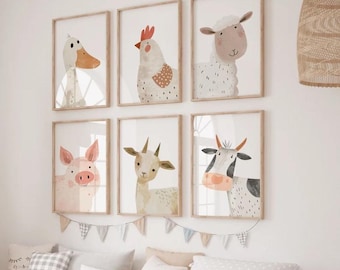 Mix & Match Bauernhof Drucke, Bauernhof Tiere Dekor, Kinder Drucke, Kinderzimmer Poster, Bauernhof Kinderzimmer, Bauernhof Tiere Druck, Tierportrait, Kuh, Schwein