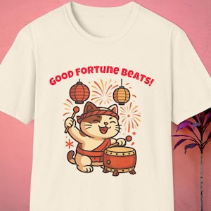 Good Fortune Beats! - Kawaii Maneki-neko Taiko Festival T-Shirt, Japanese Summer Lucky Cat Tee