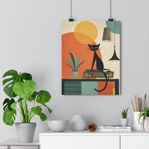 Mid Century Modern Black Cat Wall Art | Retro Animal Poster | MCM Wall Art | Atomic Cat Lover Gift | Vintage Home Decor
