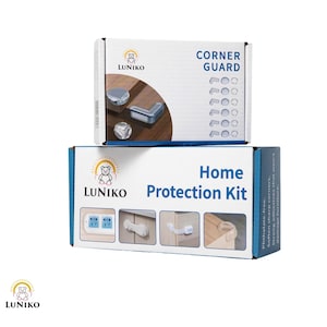 May include: Two boxes of LUNIKO home safety products. The top box is labeled "CORNER GUARD" and the bottom box is labeled "Home Protection Kit". The boxes feature images of the products in use, including corner guards and outlet covers.