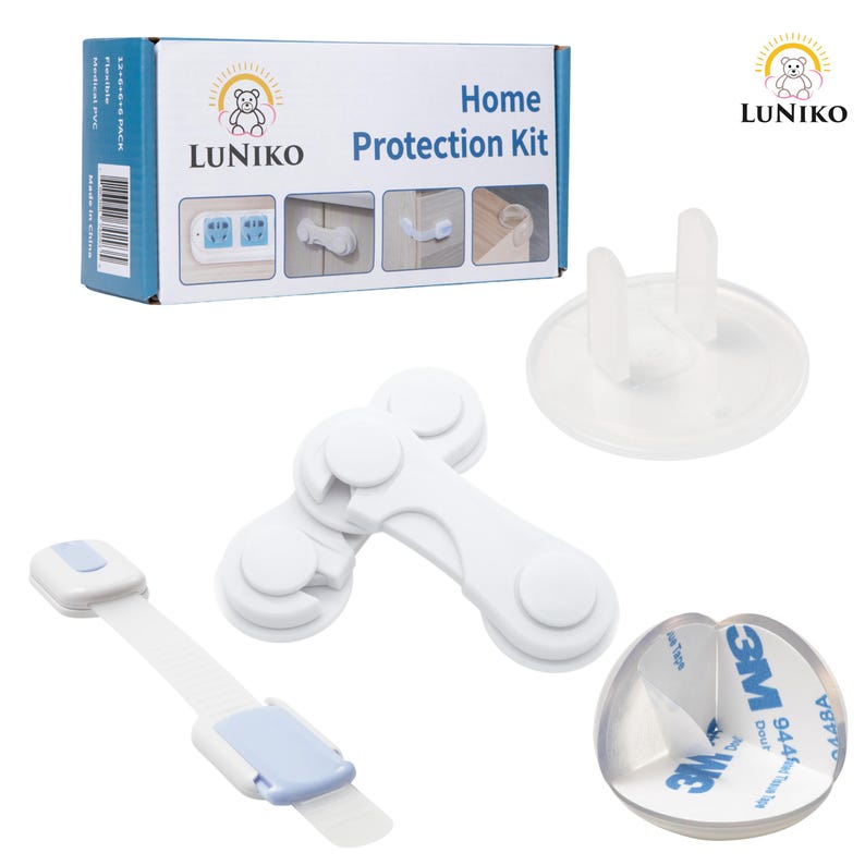 May include: A Luniko Home Protection Kit box featuring child safety products, including white plastic cabinet locks, a clear outlet plug cover, a white strap lock with a blue button, and a clear corner guard with 3M adhesive backing.