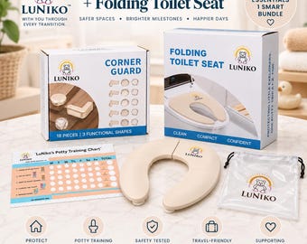 May include: A Luniko corner guard kit and folding toilet seat bundle. The kit includes 18 pieces in 3 shapes, a beige folding toilet seat, a potty training chart, and a storage bag. The packaging features the Luniko logo and product details.