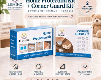 May include: A Luniko home protection kit and corner guard kit set containing 48 pieces across 2 systems. The blue and white boxes feature product imagery of clear plastic safety guards for electrical outlets, furniture corners, and cabinet edges.