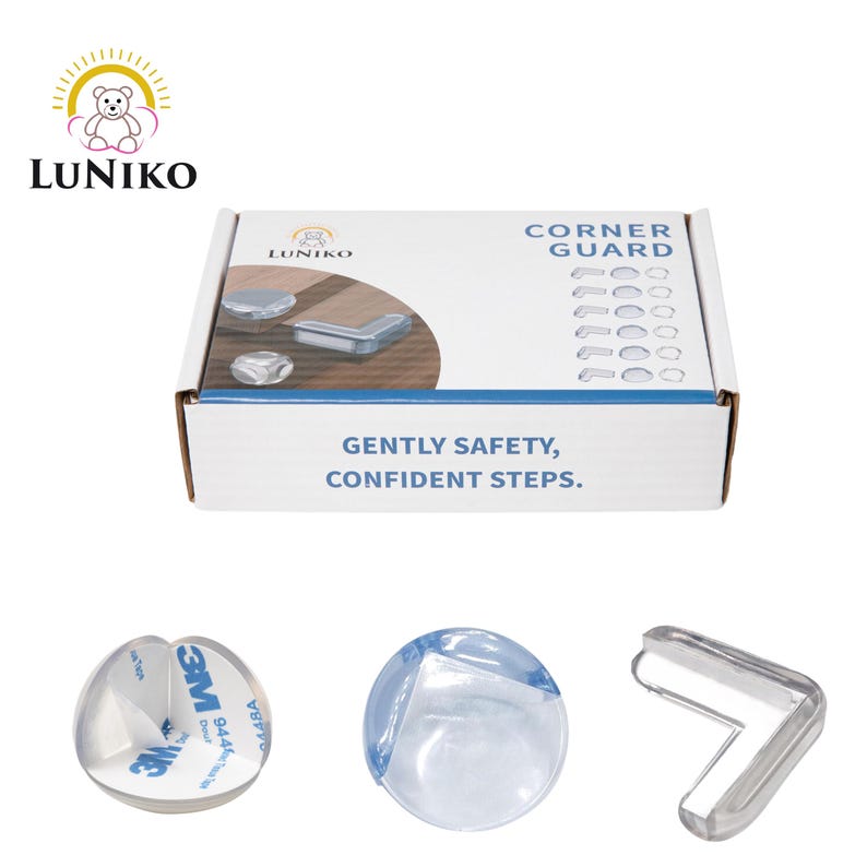 May include: A white cardboard box labeled LUNIKO CORNER GUARD with the text GENTLY SAFETY, CONFIDENT STEPS. Below the box are three clear, L-shaped and rounded corner guards, including one with 3M adhesive backing visible on the underside.