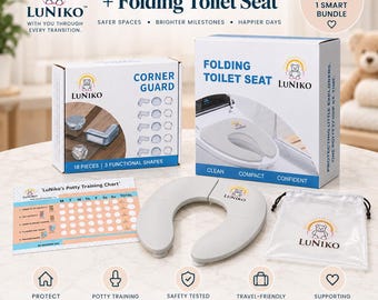 May include: A Luniko brand bundle featuring a corner guard kit with 18 pieces, a folding toilet seat, a potty training chart, and a storage bag. The packaging displays the brand logo, product names, and features like clean, compact, and confident.