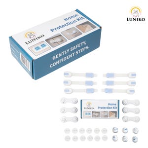 May include: A Luniko Home Protection Kit in a blue and white box, featuring six white and light blue flexible cabinet locks, six white oval-shaped cabinet latches, and twelve small circular adhesive pads for childproofing home furniture.