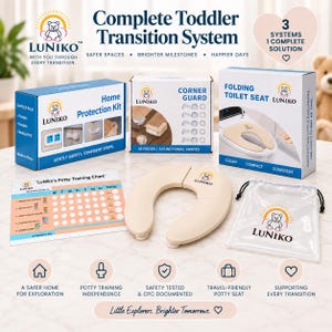 May include: A complete toddler transition system by LuNiko featuring a home protection kit, corner guards, and a folding toilet seat. Includes a potty training chart and a storage bag. The packaging displays the LuNiko logo, product names, and safety features for a child-friendly home environment.