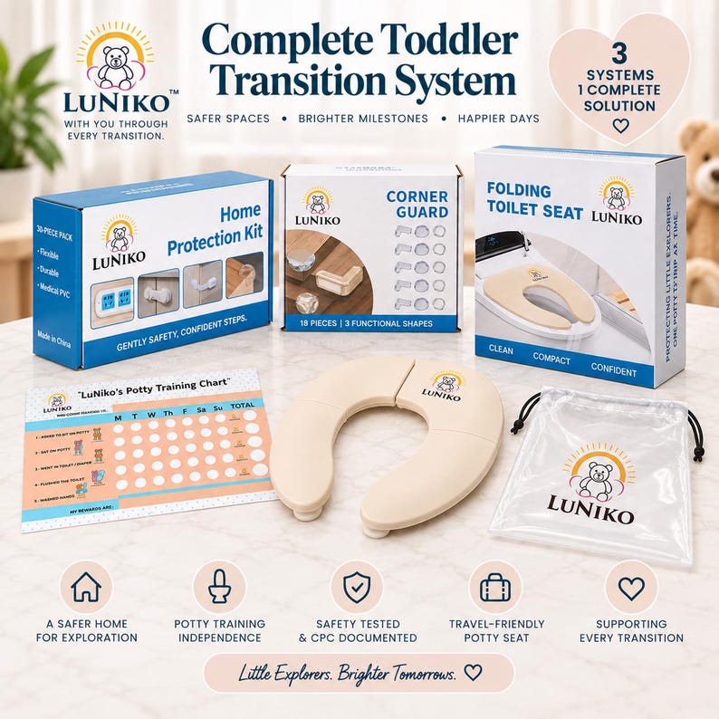 May include: A complete toddler transition system by LuNiko featuring a home protection kit, corner guards, and a folding toilet seat. Includes a potty training chart and a storage bag. The packaging displays the LuNiko logo, product names, and safety features for a child-friendly home environment.