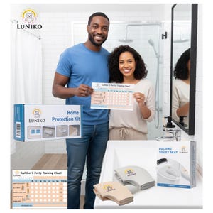 May include: A LuNiko Home Protection Kit box, a folding toilet seat in beige and grey, and a LuNiko Potty Training Chart. The kit box displays product images and text. The chart features a weekly grid for tracking progress with the LuNiko logo.