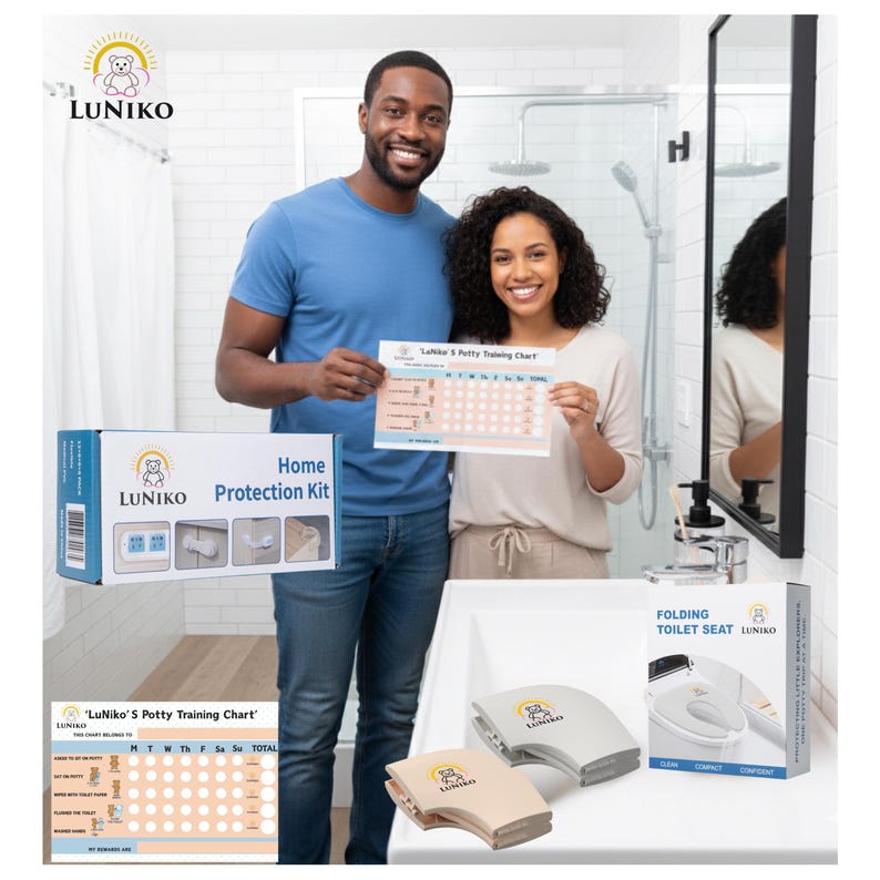 May include: A LuNiko Home Protection Kit box, a folding toilet seat in beige and grey, and a LuNiko Potty Training Chart. The kit box displays product images and text. The chart features a weekly grid for tracking progress with the LuNiko logo.