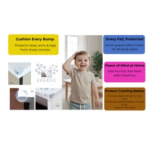 May include: Clear silicone corner guards for furniture edges. The image includes text: Cushion Every Bump, Protects head, arms & legs from sharp corners, Every Fall, Protected, Corner guards soften impact, Peace of Mind at Home, Protect Crawling Babies.