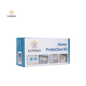 May include: A white rectangular cardboard box labelled Home Protection Kit by LUNIKO. The packaging features a logo with a bear icon and four small images showing white plastic safety accessories for electrical outlets, cabinets, and furniture corners.