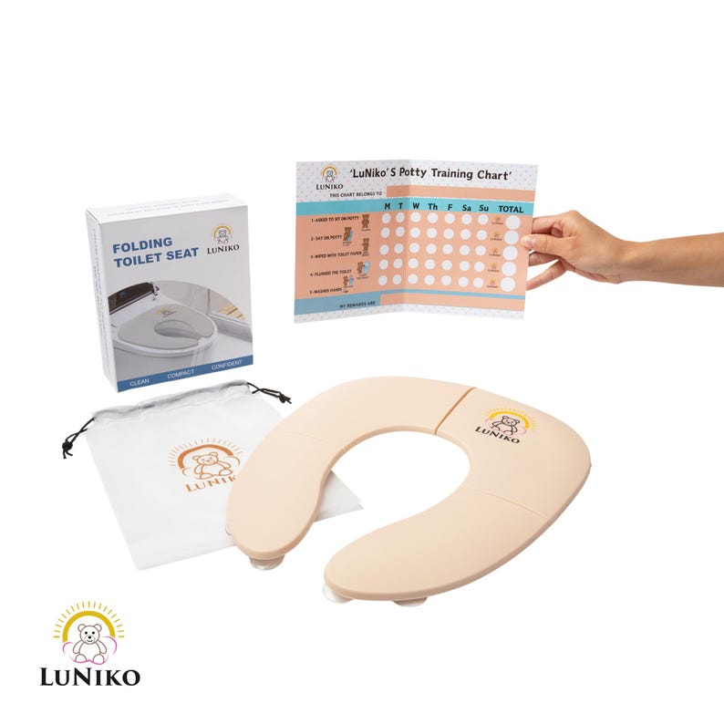 May include: A beige folding toilet seat with the Luniko logo, a white drawstring storage bag with the same logo, a cardboard box labeled Folding Toilet Seat, and a paper potty training chart with the text LuNiko's Potty Training Chart.