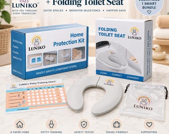 May include: A Luniko home protection kit box and a folding toilet seat box, a white folding toilet seat, a potty training chart, and a clear drawstring bag. The packaging features the Luniko logo, text, and product images for child safety.