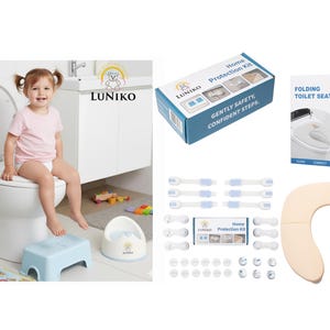 May include: A Luniko home protection kit including a folding toilet seat, safety latches, and corner guards. The set features a light blue step stool, a white potty, and packaging with the text Home Protection Kit and Folding Toilet Seat.
