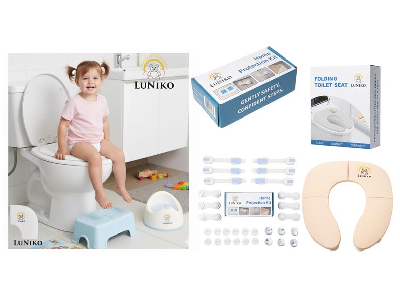 May include: A Luniko home protection kit including a folding toilet seat, safety latches, and corner guards. The set features a light blue step stool, a white potty, and packaging with the text Home Protection Kit and Folding Toilet Seat.