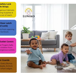 May include: A LUNIKO brand infographic featuring four safety products: a yellow cabinet safety lock, a blue cabinet door latch, pink electric outlet covers, and brown corner guards, alongside text describing their protective functions.