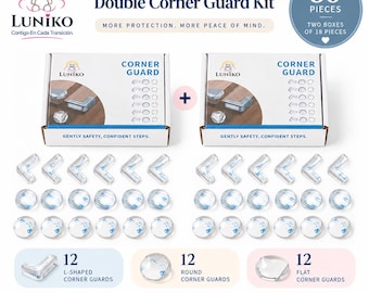 May include: A 36-piece double corner guard kit by Luniko containing two boxes of 18 pieces each. The set includes 12 L-shaped, 12 round, and 12 flat clear corner guards, all featuring strong adhesive backing for furniture safety and protection.