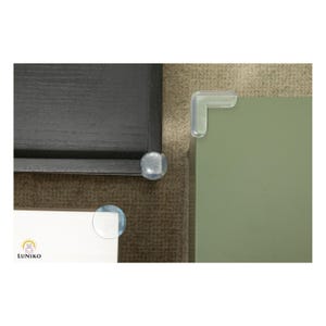 May include: Clear silicone corner guards for furniture protection. The set includes L-shaped and rounded edge protectors applied to the corners of black, white, and sage green surfaces. The LUNIKO logo is visible in the bottom left corner.