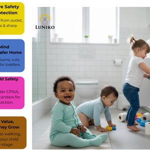 May include: A child safety kit featuring four coloured text boxes with the LUNIKO logo. The text highlights comprehensive safety, peace of mind, CPSIA and EN71-3 certification, and long-term value for protecting children from household hazards.