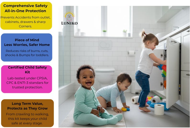 May include: A child safety kit featuring four coloured text boxes with the LUNIKO logo. The text highlights comprehensive safety, peace of mind, CPSIA and EN71-3 certification, and long-term value for protecting children from household hazards.