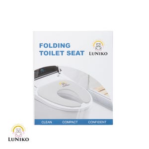 May include: A white product packaging box for a Luniko folding toilet seat. The box features the text FOLDING TOILET SEAT, the Luniko logo with a bear icon, and the words CLEAN, COMPACT, CONFIDENT. A graphic shows a grey toilet seat on a toilet.