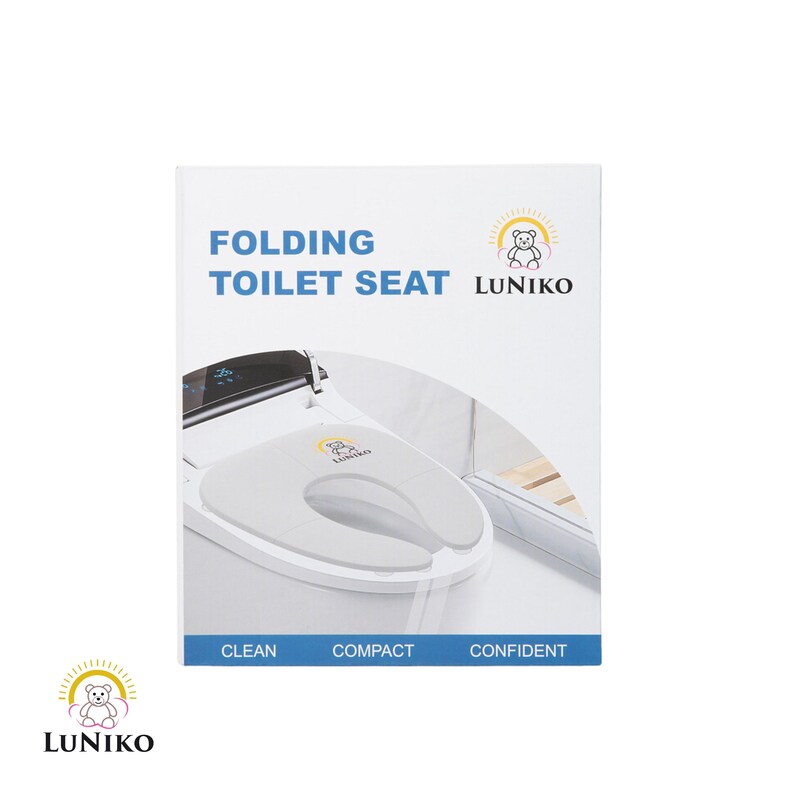 May include: A white product packaging box for a Luniko folding toilet seat. The box features the text FOLDING TOILET SEAT, the Luniko logo with a bear icon, and the words CLEAN, COMPACT, CONFIDENT. A graphic shows a grey toilet seat on a toilet.
