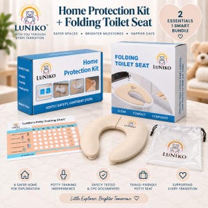 May include: A Luniko home protection kit box, a folding toilet seat box, a beige folding toilet seat, a potty training chart, and a clear drawstring bag. The boxes feature the Luniko logo, text, and product images. The set includes safety items.