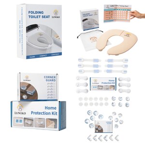 May include: A Luniko home safety set including a beige folding toilet seat, a potty training chart, a white drawstring storage bag, six white cabinet locks, and a collection of clear adhesive corner guards and circular furniture pads in boxes.