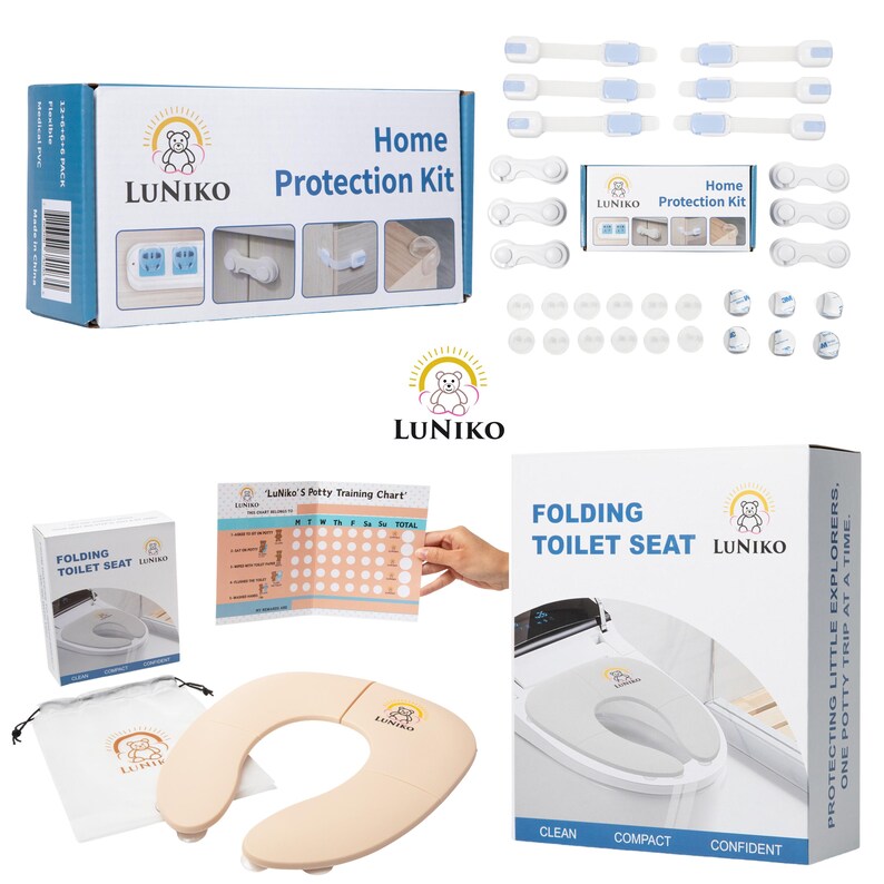 May include: A Luniko home protection kit with child safety locks, adhesive pads, and a folding toilet seat in a box. Includes a potty training chart, a white drawstring bag, and a beige portable toilet seat with the Luniko logo printed on it.