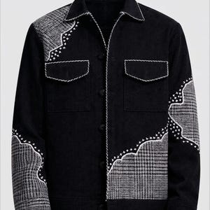 Black Patchwork Denim Jacket Women - Unique Designer Denim Coat - Modern Street Style - Statement Outerwear