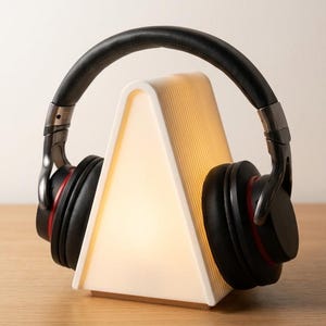 May include: Black over-ear headphones with red accents rest on a white, triangular headphone stand. The stand has a warm, glowing light emanating from within. The headphones have a black leather headband and earcups. The stand is on a wooden surface.